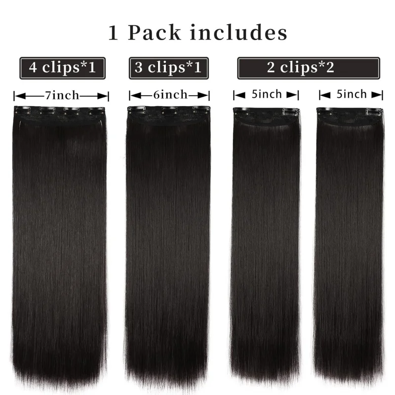Synthetic 20 Inch Straight Clip In Hair Extensions 4Pcs, Soft Thick Black Hair Pieces Available In 3 Colors For Women Daily Use