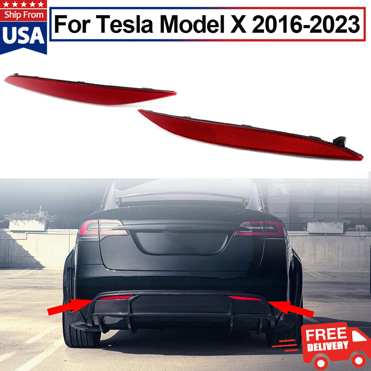 

1 Pair Car Rear Bumper Left&Right ABS Reflector Tail Light Bars Red For 2016-2023 Tesla Model X 1034342-00-C 1034343-00-C