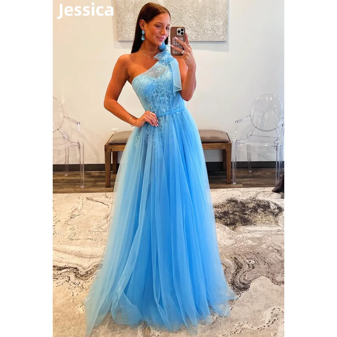 

Jessica Light Blue Prom Dresses Embroidered Tulle One Shoulder Evening Dresses Princess Party Dress Special Occasion Dresses