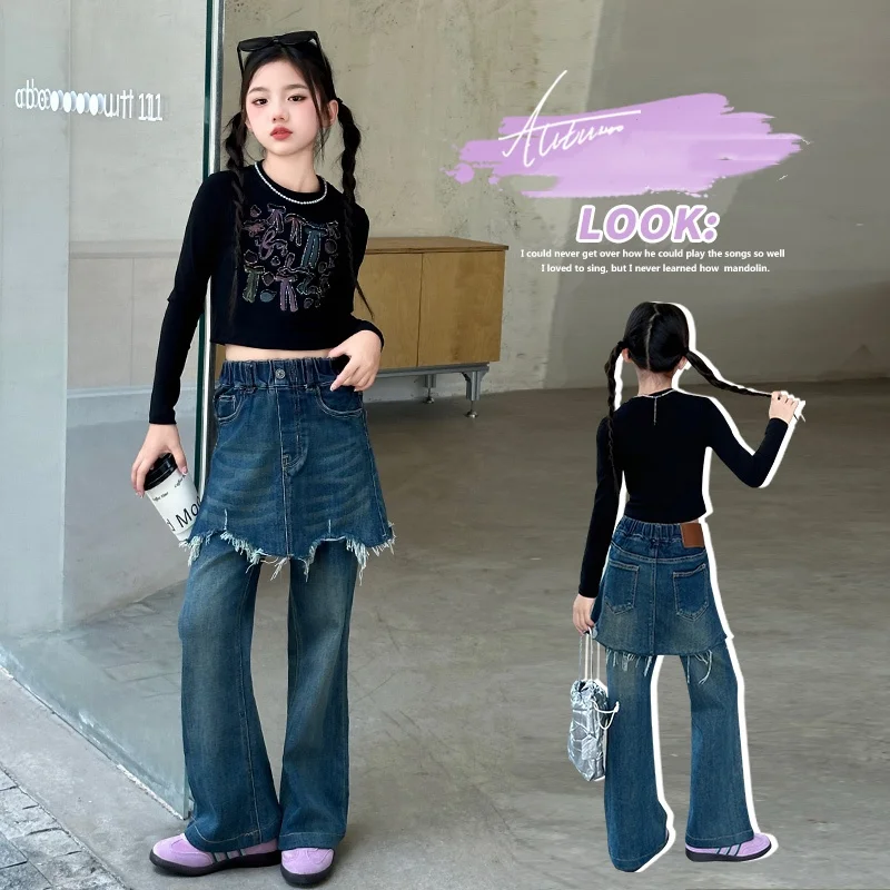 

Girls Jeans Ages 4-14Y Teen Fake 2Piece Denim Teenage Students Vintage Trousers Girl Casual Fashion Denim Bottom Kids Y2k Pants