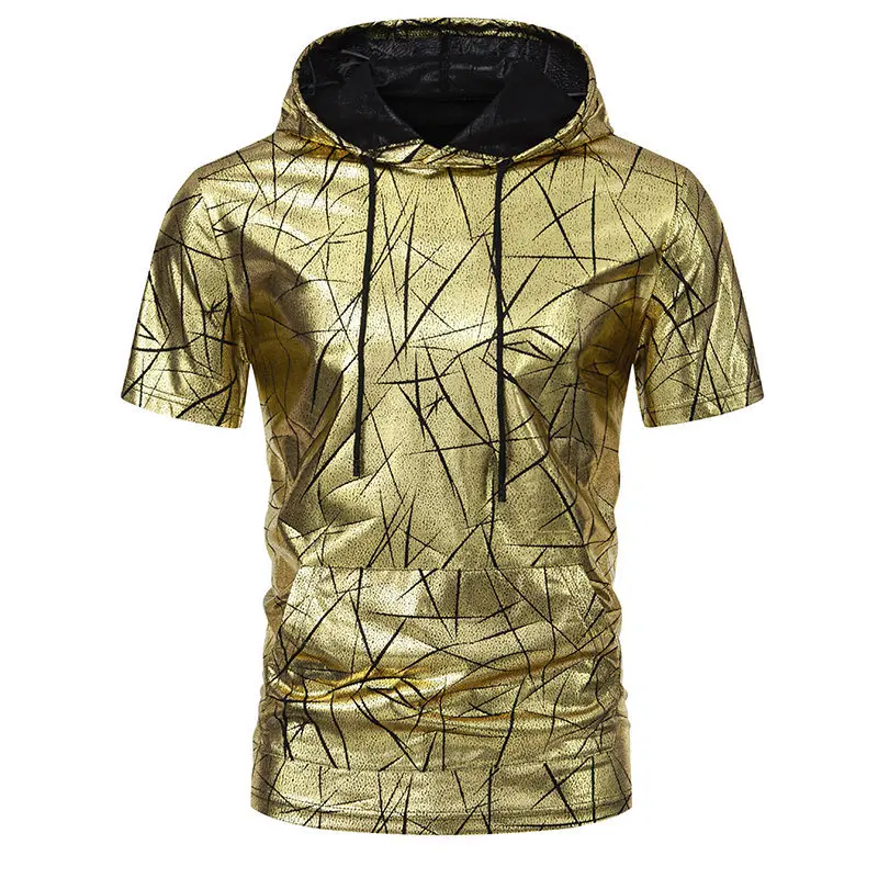 Men's Fsahion Stagewear Hooded T Shirt Summer Short Sleeve Night Club Wear Tees Gold Silver Coated Tshirt Tops