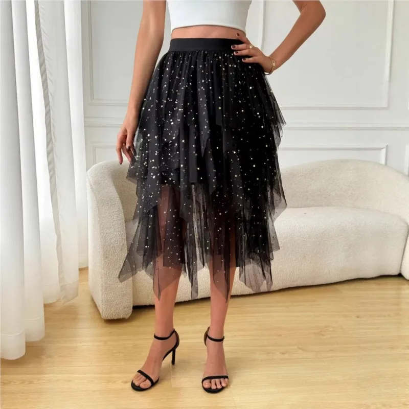 New Mesh High-waisted Skirt For Women Summer 2026 Solid Color Irregular Elegant Formal Evening Holiday All-match Slimming Skirt