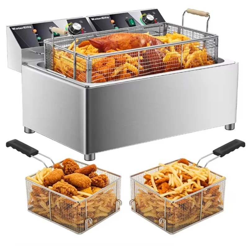 Electric Deep Fryer With Basket & Lid, Stainless Steel Countertop Commercial Fryer With Timer And Oil Drain