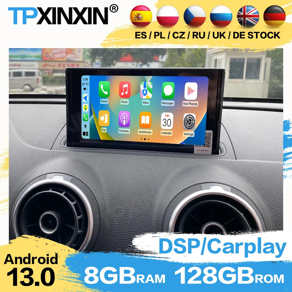

Интеллектуальная система автомобильного радиоприемника Qualcomm с экраном Carplay Android 13 для Audi A3 2014 ~ 2019, обновление GPS-навигации, головное устройство IPS
