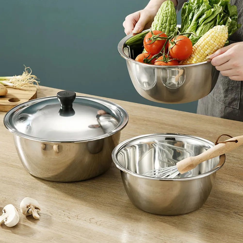 

1pcs Premium Stainless Steel Soup Basin Large Capacity Lard Storage Basin With Lid Dustproof Food Storage Vegetable Fruit Bowl