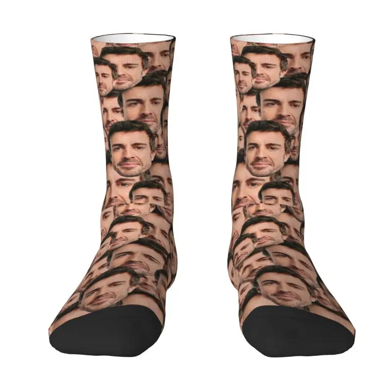 Calcetines personalizados con estampado 3D para hombre y mujer, calcetín Unisex divertido con diseño de cabeza de Alonso, vestido de coche deportivo