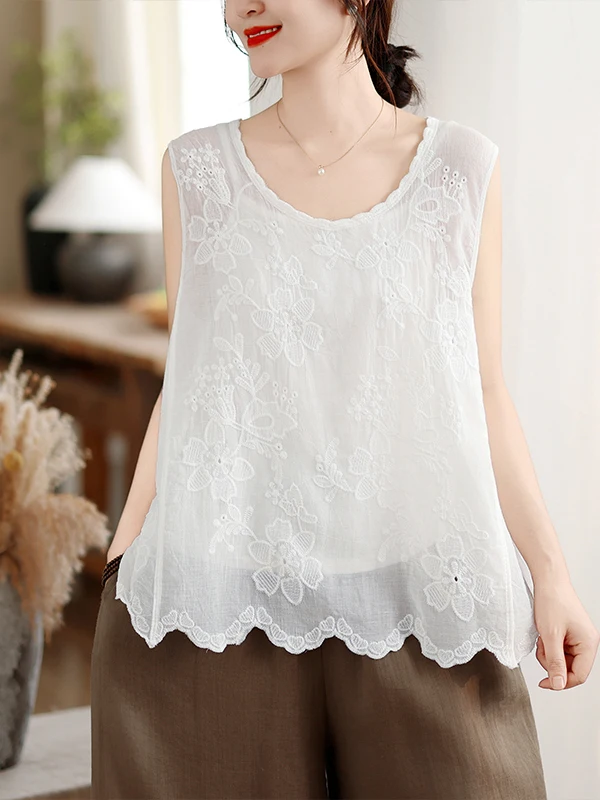 Embroidered Heavyweight Lightweight Sleeveless Vest T-Shirt Women Summer Loose Young-looking Shoulder Top Trendy Pure Color