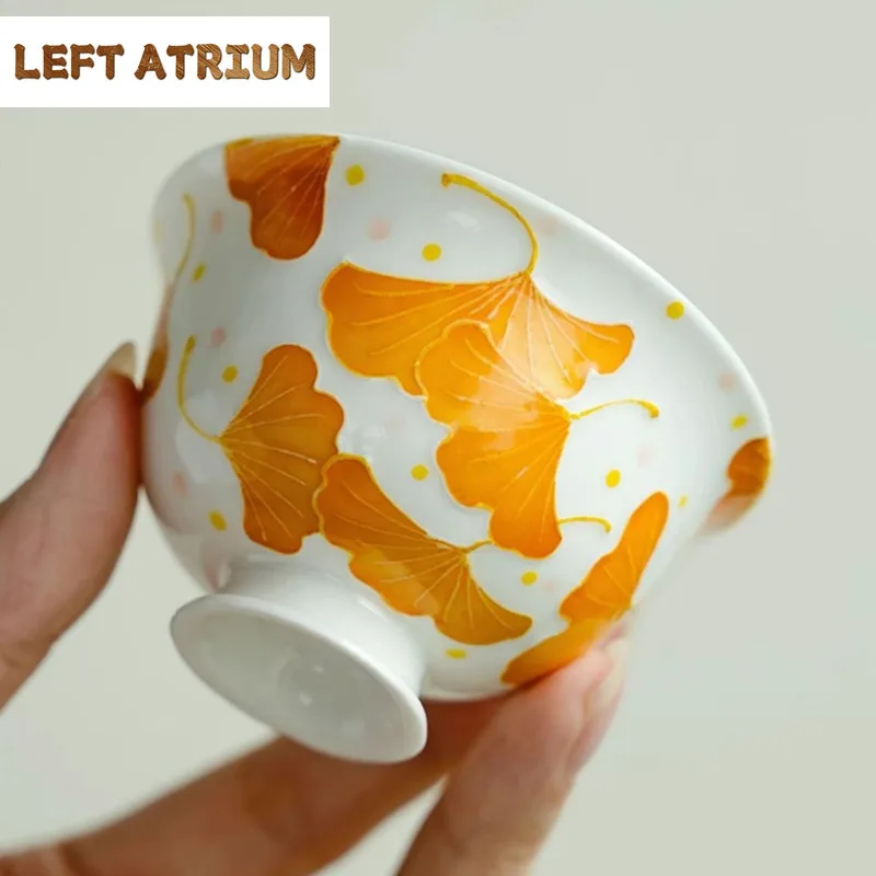 2pc/lot Pile Carved Pure Hand-painted Ginkgo Leaf Teacup Tea Bowl Jug Tea-tasting Smelling Cup Jianzhan Master Cups Cafes 50ml