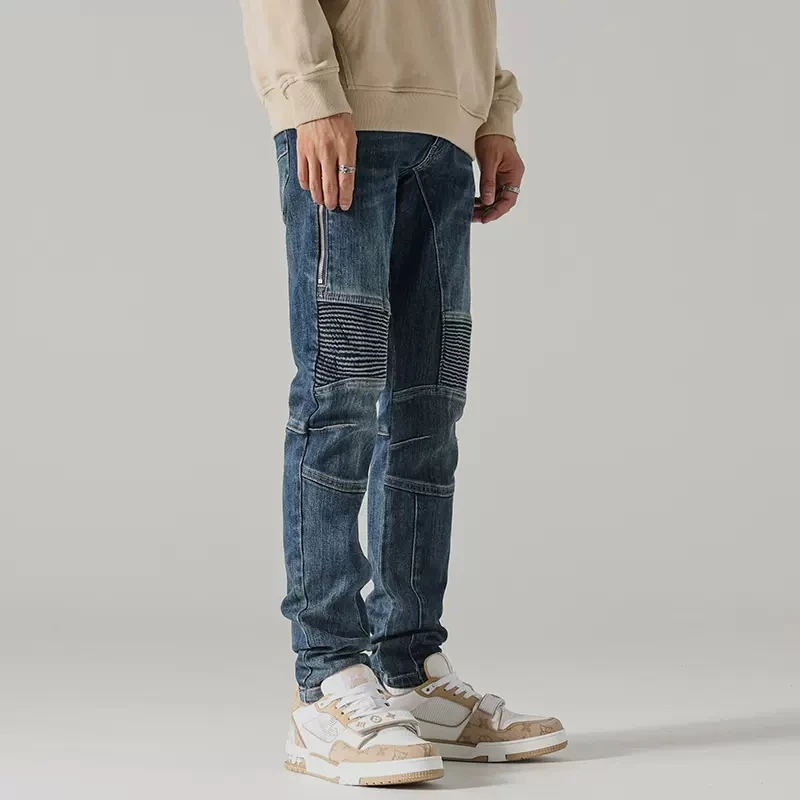 Streetwear Fashion Men Jeans Retro Blue Elastic Slim Fit Spliced Biker Jeans Men Patched Zipper Designer Hip Hop Pants Hombre