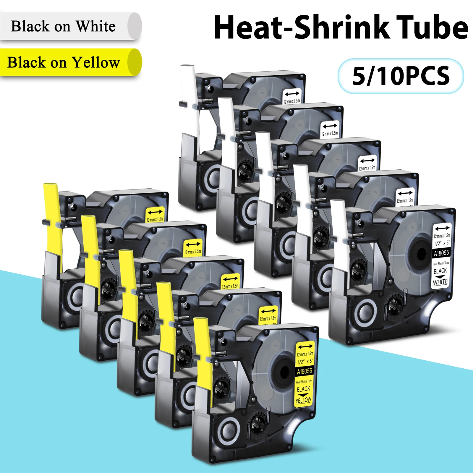 

3-10PK Heat-Shrink Tube Labels Compatible for DYMO 18055 18056 18051 6-24mm Industry Label Ribbon For Dymo Rhino 1000 5200 Maker