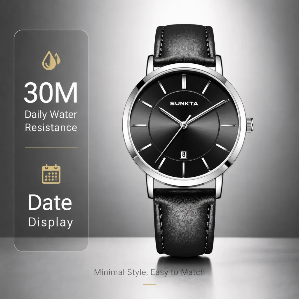 Sunkta Casual Sports Watches for Men Retro Fashion Outdoor Ultra Thin Wristwatch Waterproof Leather Date Simple Quartz Man Watch