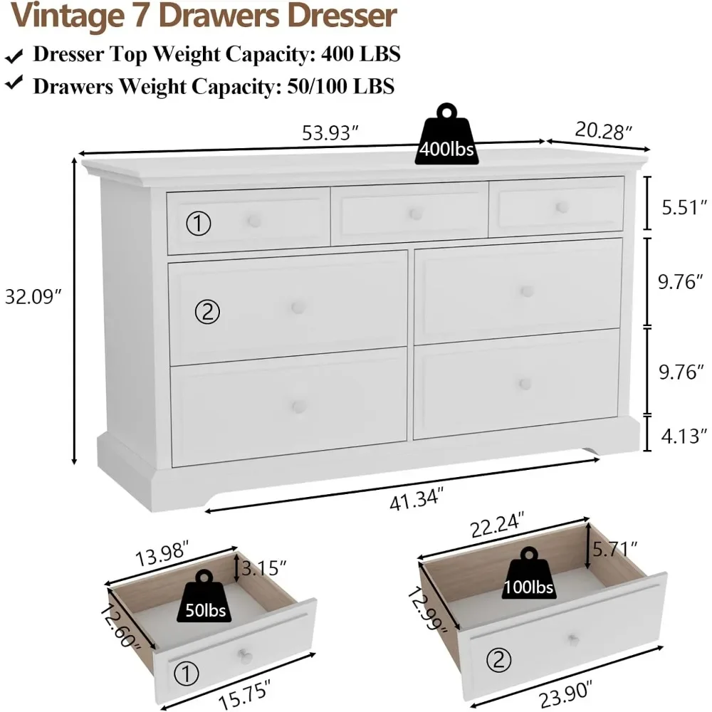 Commodes doubles blanches pour chambre à coucher, grandes commodes de rangement, commode longue, support de télévision, 7 portes de proximité