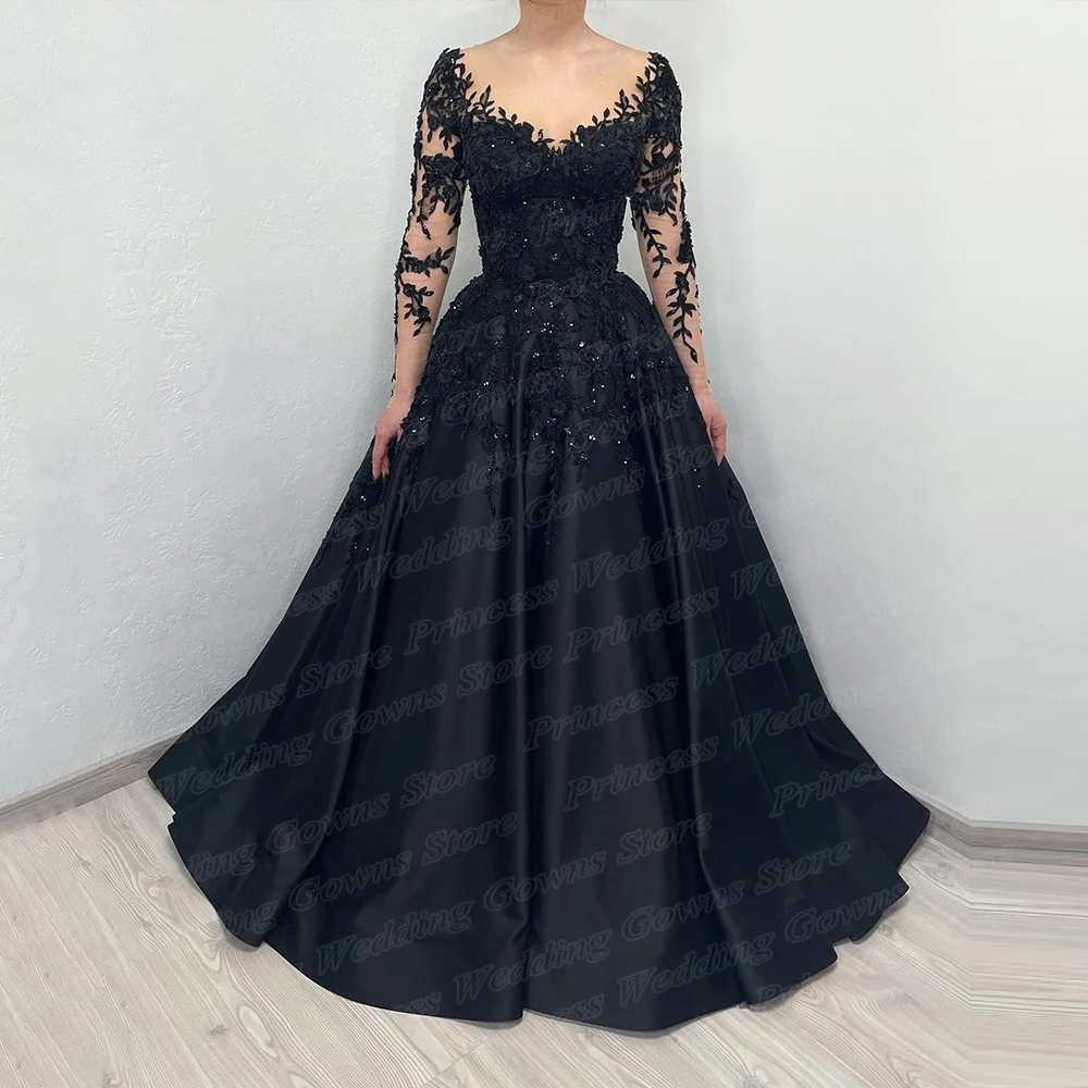 

Black Gothic Wedding Dress Illsuion Long Sleeve Glitter Applique Lace Chapel Train A Line Sheer Elegant Bridal Gown For Bride