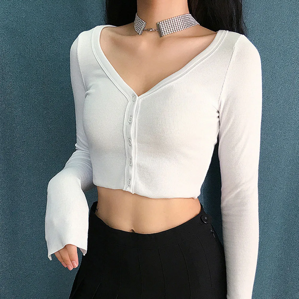 Cardigan à manches longues et col en V pour femmes, haut court monochromatique, t-shirt amincissant sexy, base transportée, filles épicées