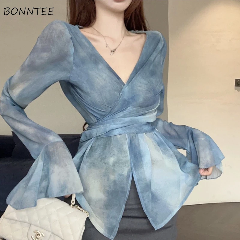 Blue Chiffon Blouses Women Bandage Defined Waist Vintage Tie Dye Autumn Stylish Elegant for Ladies Long Sleeve Aesthetic Clothes