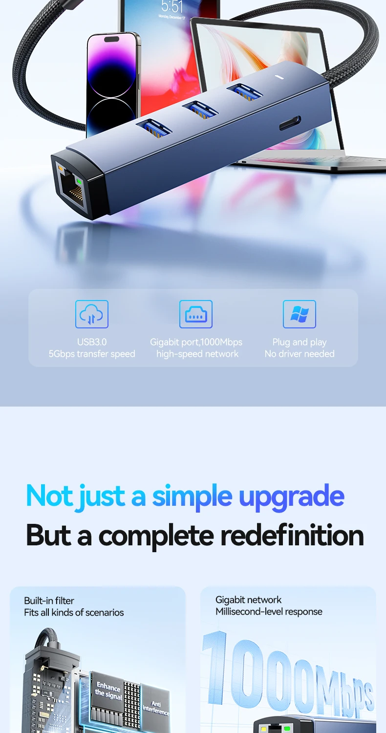 FDBRO 1000Mbps USB/USB-C Ethernet LAN-Adapter 3-Port USB3.0-Hub Dockingstation USB3.0-Hub zu RJ45 Gigabit-Netzwerkkarte für PC – Detail 4