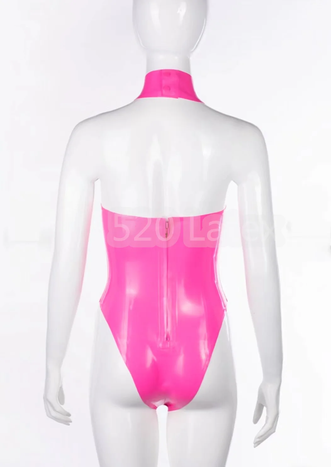 Natural Latex Pink Bodysuit Women Sexy Halter Swimsuit Open Front Latex Rubber Gummi Leotard Erotic Jumpsuit Back Zipper