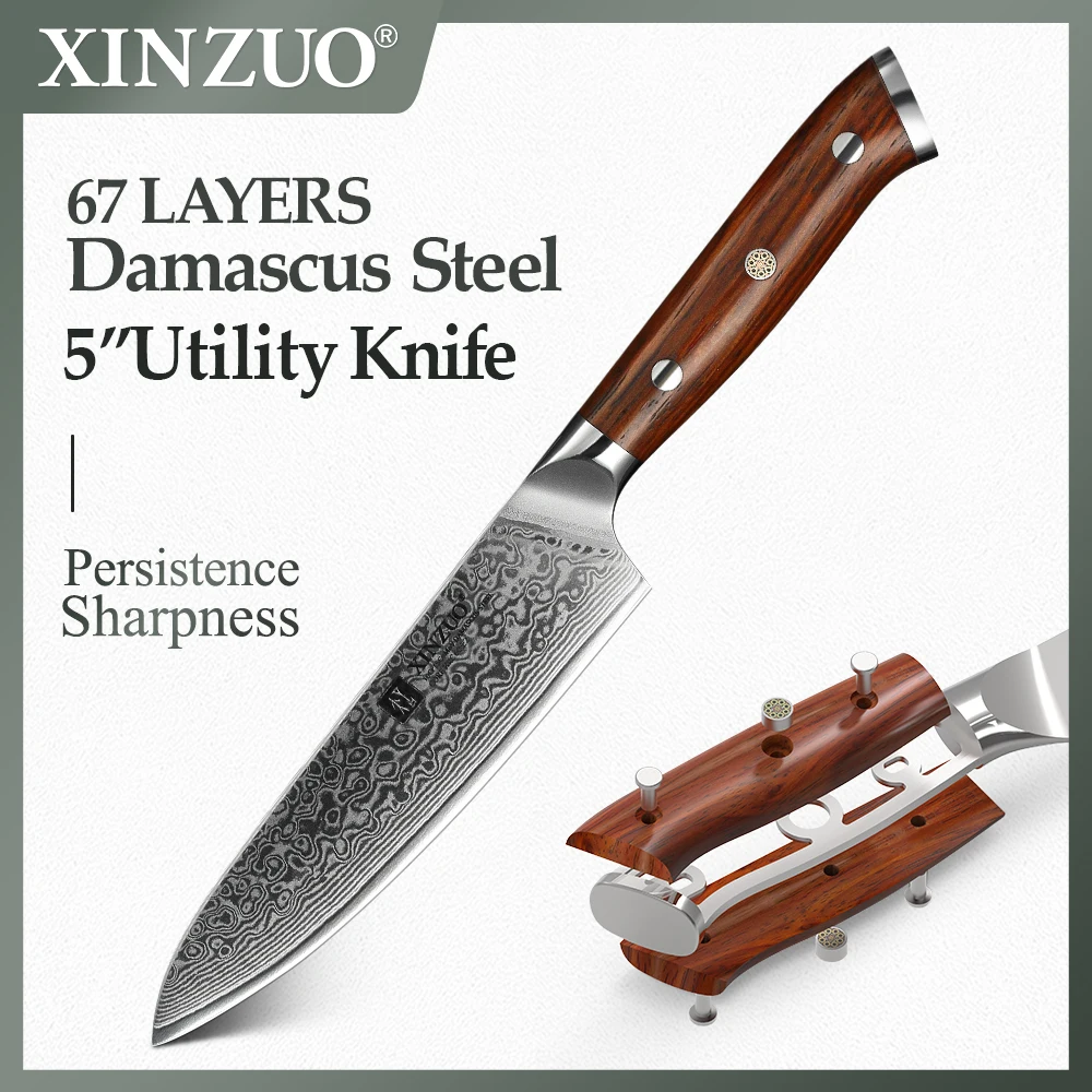 

XINZUO 5" Inch Utility Knife 67 Layers Japanese Damascus Steel Kitchen Knife Brand Top Sale Paring Knives with Rosewood Handle