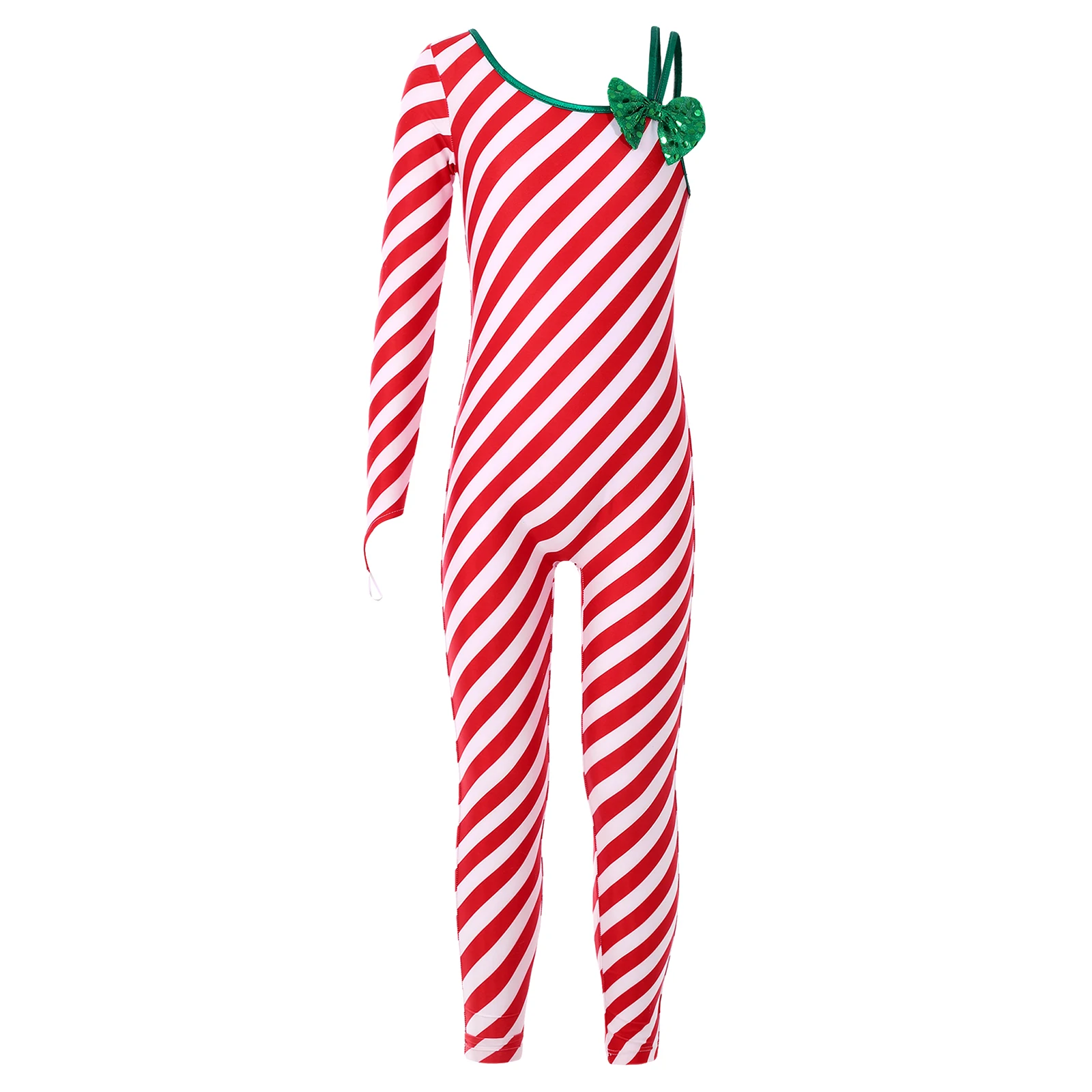 Meisjes Xmas Candy Cane Kerstkostuum Kids One Shoulder Gestreepte Unitard Jumpsuit Ballet Dance Cheer Party Performance Kostuum