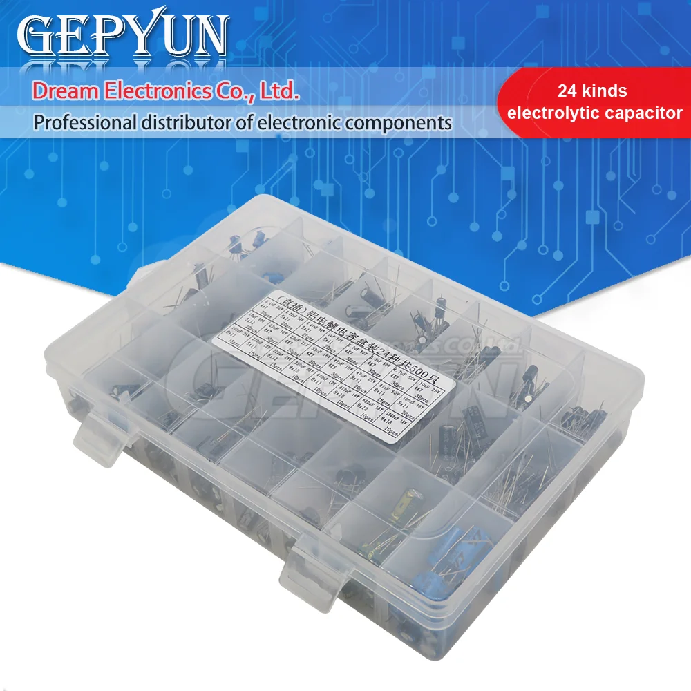 500Pcs/lot 0.1UF-1000UF 24Values Aluminum Electrolytic Capacitors 16-50V mix Electrolytic capacitor Assorted kit and storage box