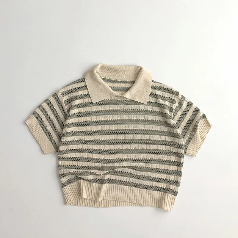 Spring Autumn New Children Knitting Hollow Out Polo Shirt Girl Baby Loose Short Sleeve Pullover Tops Boy Kid Casual Striped Tees