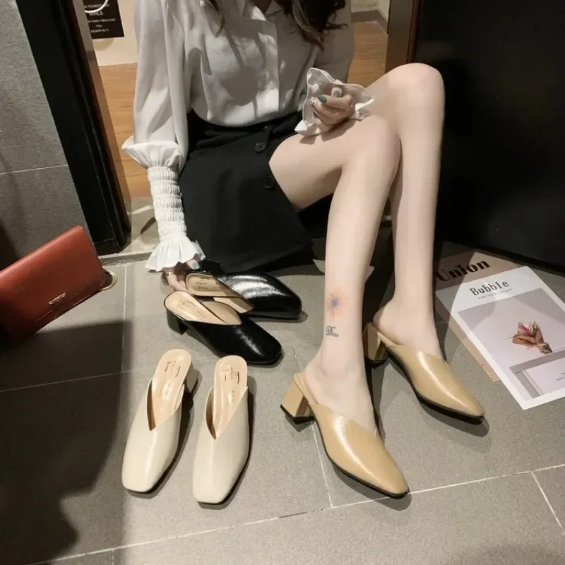 Baotou halbe Hausschuhe Frauen Sommer neue Oberbekleidung Mode einfarbige quadratische Zehen dicke Ferse hochhackige Damenschuhe – Detail 5