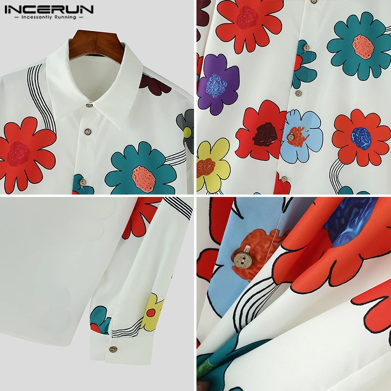 Incerun causal camisas de manga longa 2024 impressão floral simples solto topos turn down collar deslocamento blusas moda americana