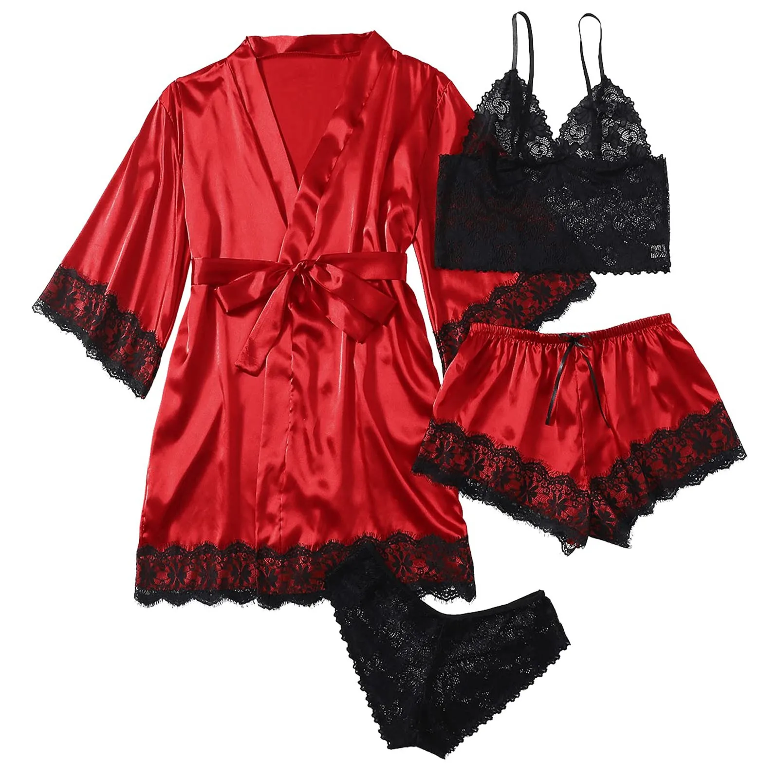 Woman Sleepwear Pajamas Ser With Robe Sexy Lace Lingerie Bathrobe Silk Satin Home Clothed Nightwear Robe