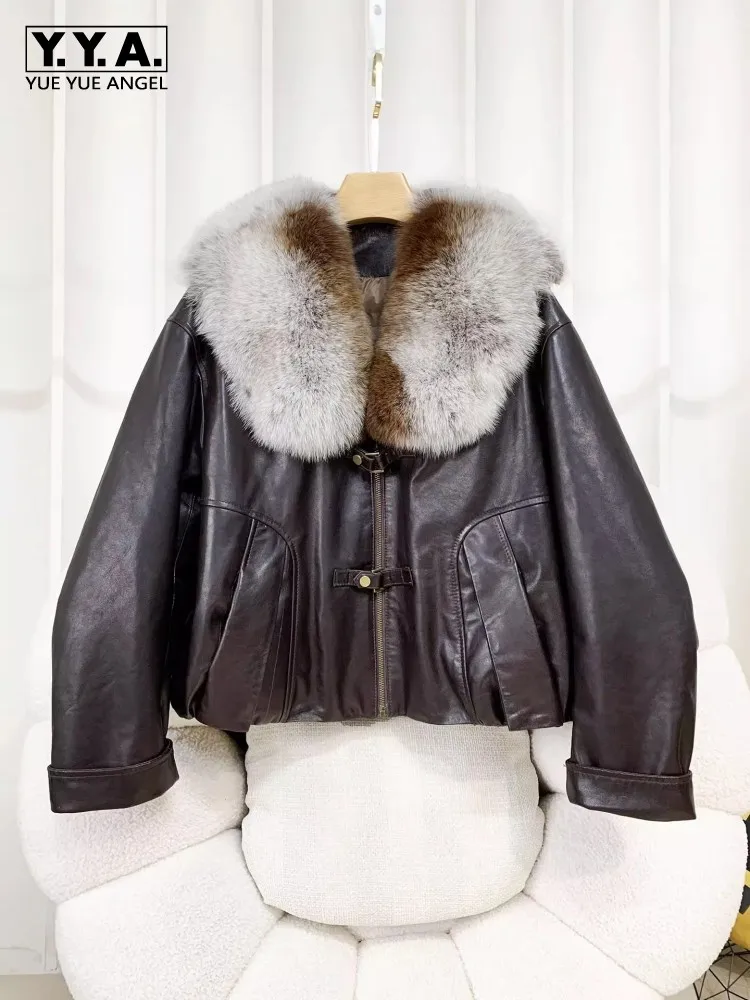 Winter New Warm Women Genuine Leather Goose  Down Coat Luxury Fox For Collar Sheepskin Jacket Loose Fit Ladies Casual Outerwear