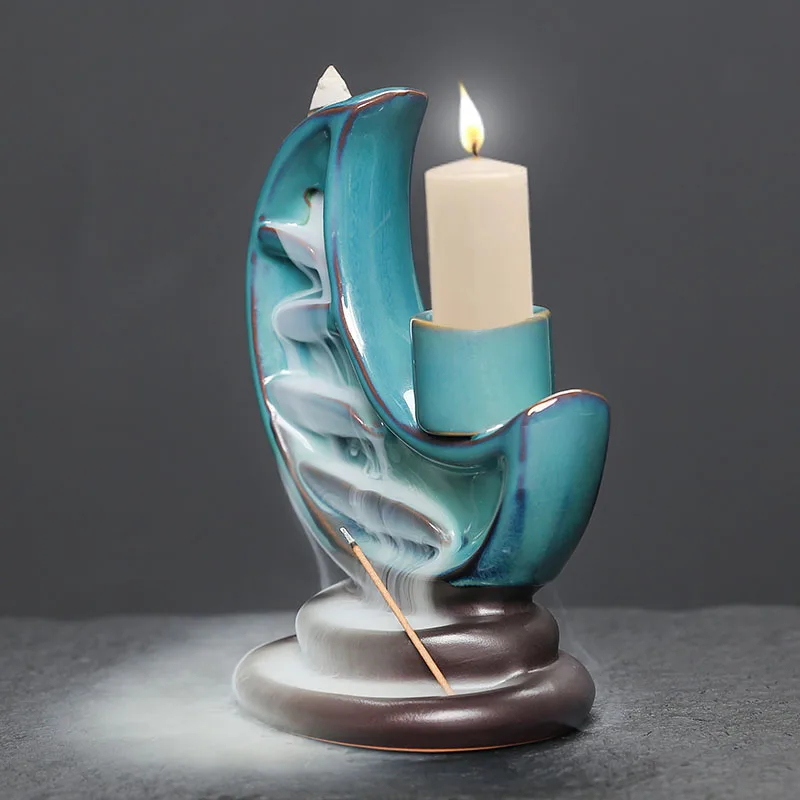 1pc 3 in1 Ceramic Moon Waterfall Incense Burner with Backflow Feature Candle Holder & Incense Stick Burner (Without Incense）