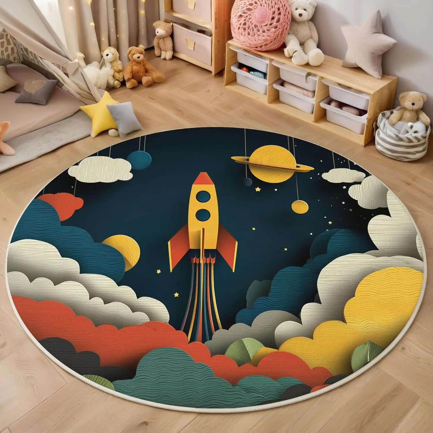 

Paper-Cut Art Style Round Rug Washable Bedroom Round Area Rugs for Entryway,Cartoon Spaceship Non-Slip Foyer Throw Mat Carpet