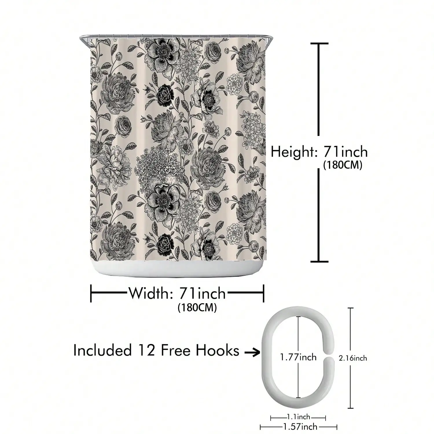 1pc Vintage Flower Print Shower Curtain, Waterproof Bathroom Curtain With 12 Plastic Hooks,Machine Washable,For Bathroom Divider