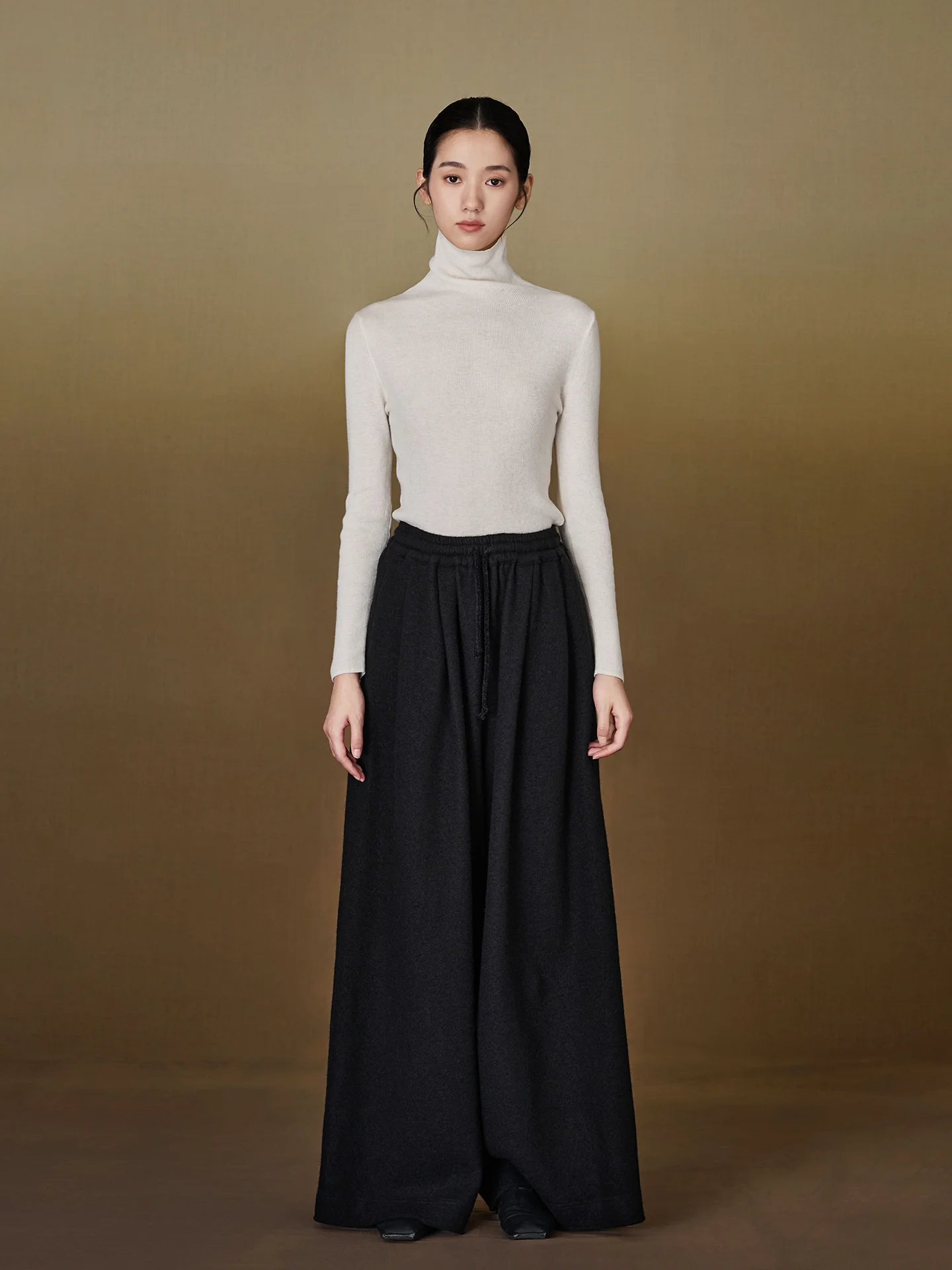 

NAAMSAAN Winter New Bla Wool Wide Leg Pants Loose Casual Warm High Waist Cotton Blend Ladies Faion Trousers