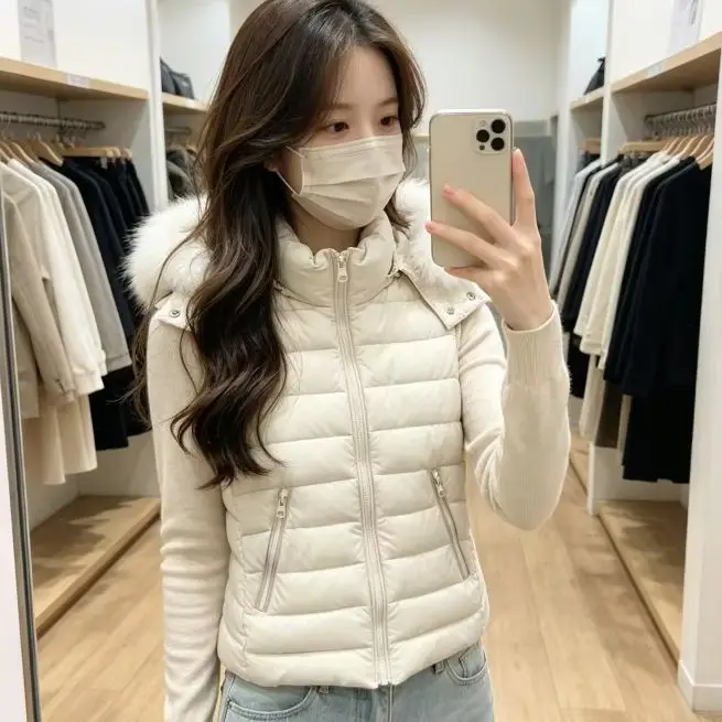 2026 New Autumn Winter Women Faux Fur Collar Hooded Vest Coat Slim Fit High Quality Sleeveless Warm Short Waistcoat Casual