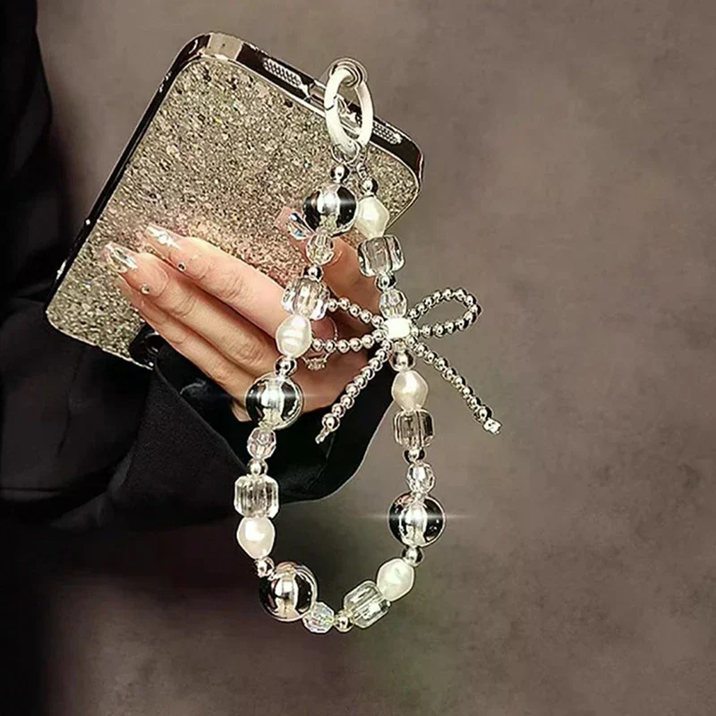 Creative Bow Beaded Mobile Phone Chain Universal Mobile Phone Anti Loss Lanyard Fashion Phone Short Wrist Strap Personalized
