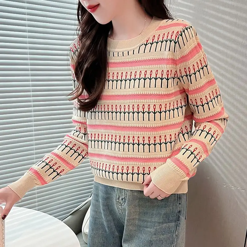 Geometric Striped Pullover Lantern Long Sleeve Round Neck Sweater Knitted Casual Elegant Autumn Winter Women\'s Clothing Tops