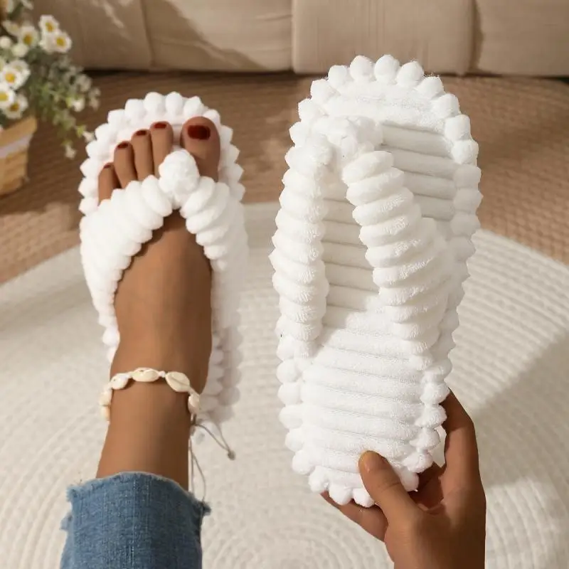 Bequeme Cord-Flip-Flops mit flachem Absatz für Damen, Winter 2026, flauschige Fell-Hausschuhe, Übergröße 45, warme Plüsch-Hausschuhe – Detail 6