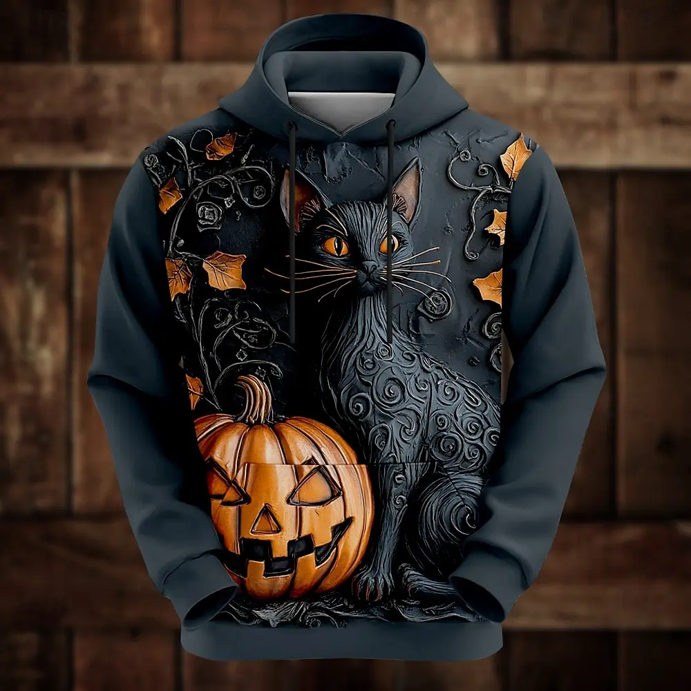 Fashion 3D Pumpkin Print Men\'s Hoodies Funny Cat Pattern Sweatshirts Hip Hop Trend Halloween Clothing Autumn Oversized Pullover