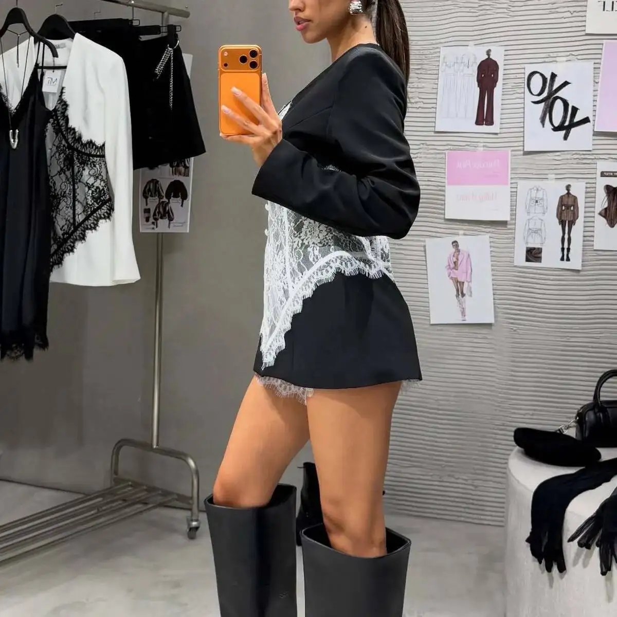 BJTZ 2026 Nuevo Blazer de Encaje en Contraste para Mujer, Negro y Blanco, Manga Larga, Cuello en V, Hombros Acolchados, Elegante, para Fiesta, Abrigo de Moda