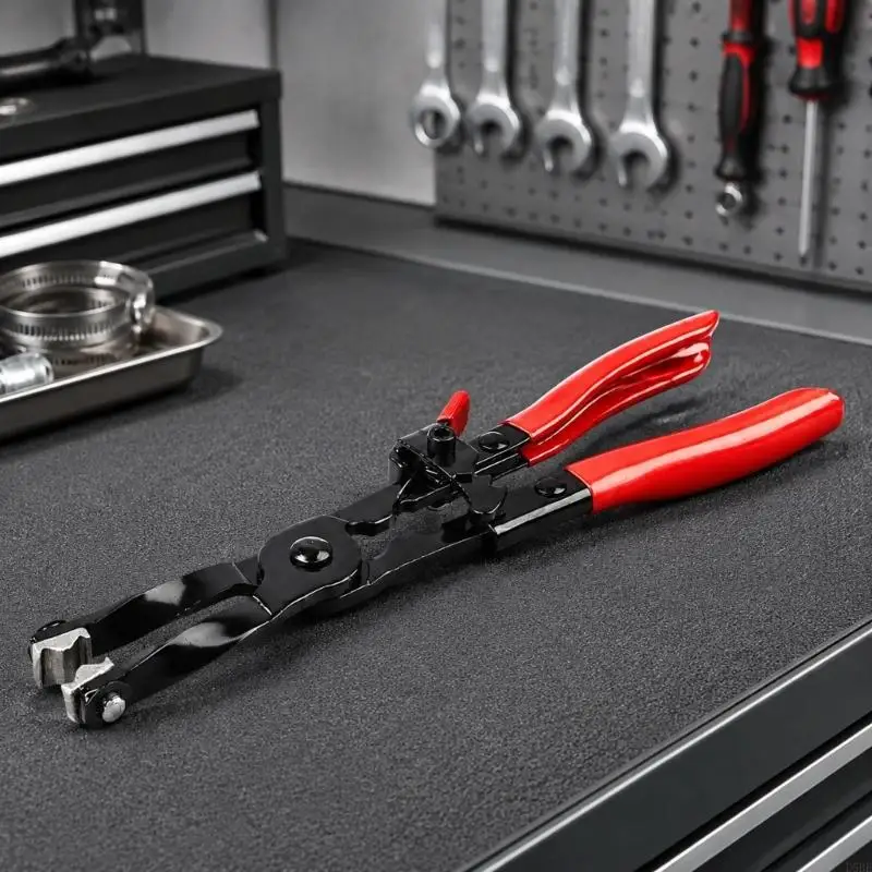 D5BE Hose Clamp Installation Tool with Linked Plier Body, Contoured Ends, and Red Grips for Restricted-Access Engine-Compartment