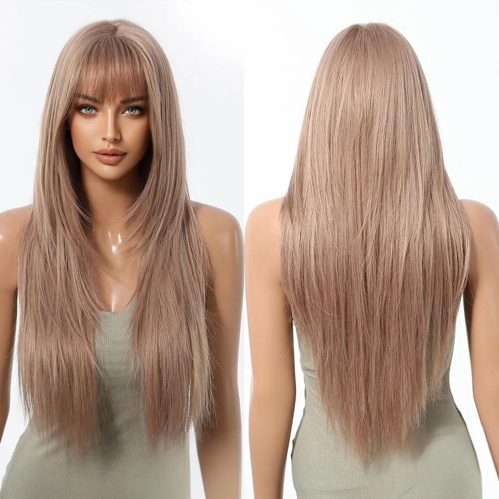 27-Inch Brown High-Length Straight Synthetic Hair With Bangs Is A Natural Heat-Resistant Wig Suitable For Women'S Daily Parties
