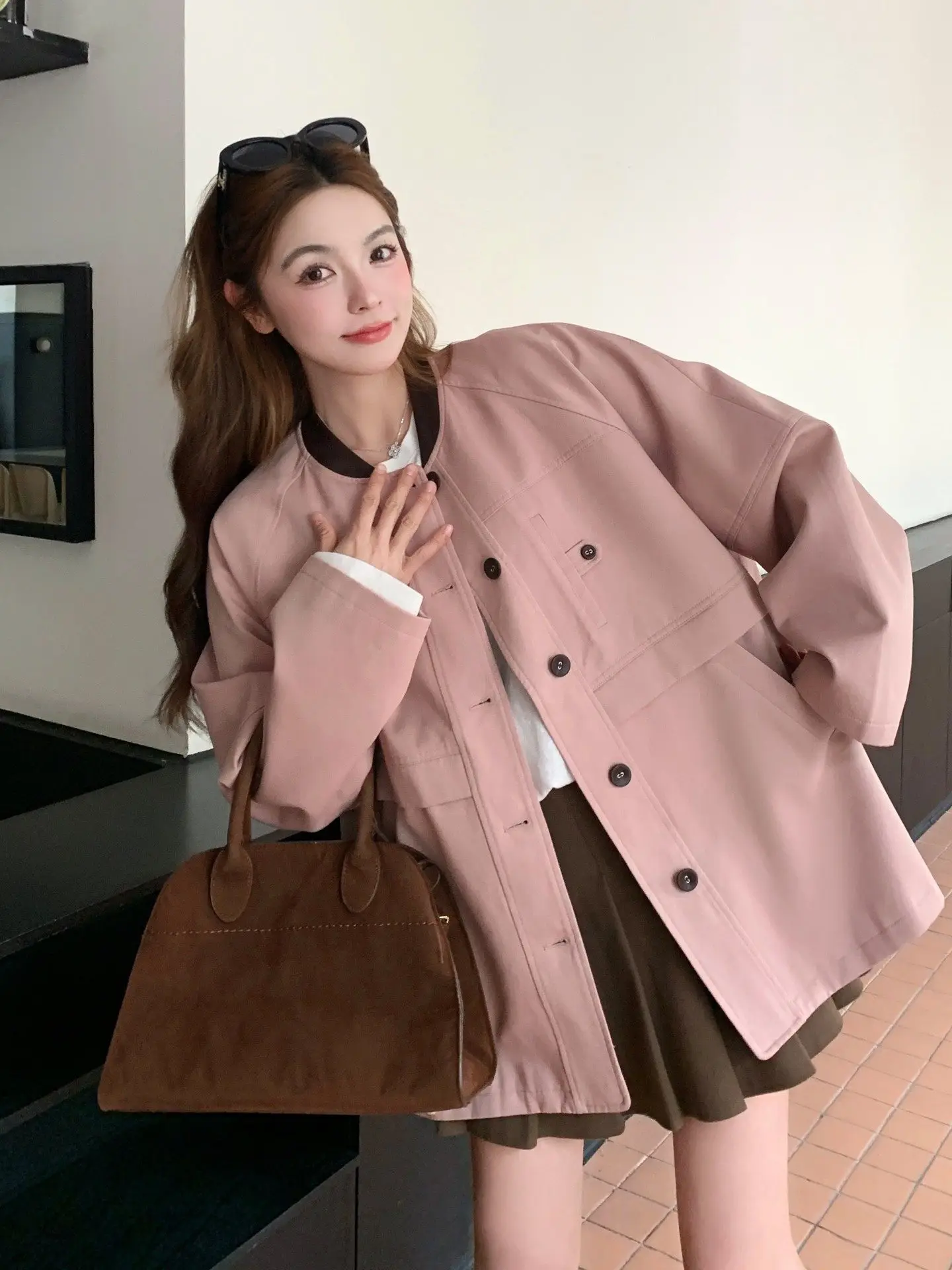 

Женское пальто SuperAen в корейском стиле, розовое, свободного кроя, повседневное, весна 2026, новинка, с V-образным вырезом, однобортное