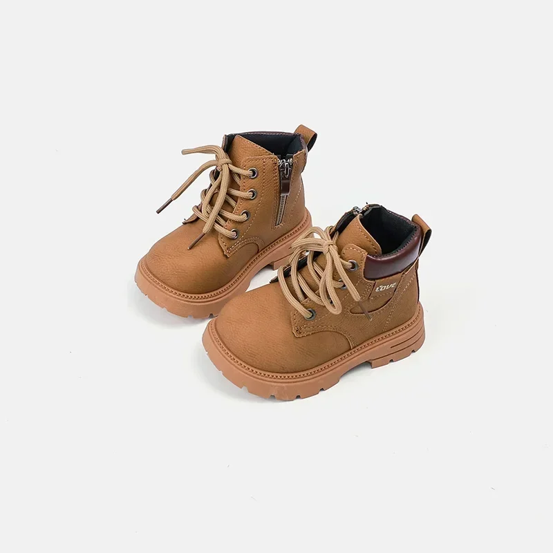 Kids Classic Work Ankle Boots, Faux Nubuck Lace‑Up Inner Zipper Heel Pull Tab Thick Non‑Slip Sole Boys Girls Retro Boots