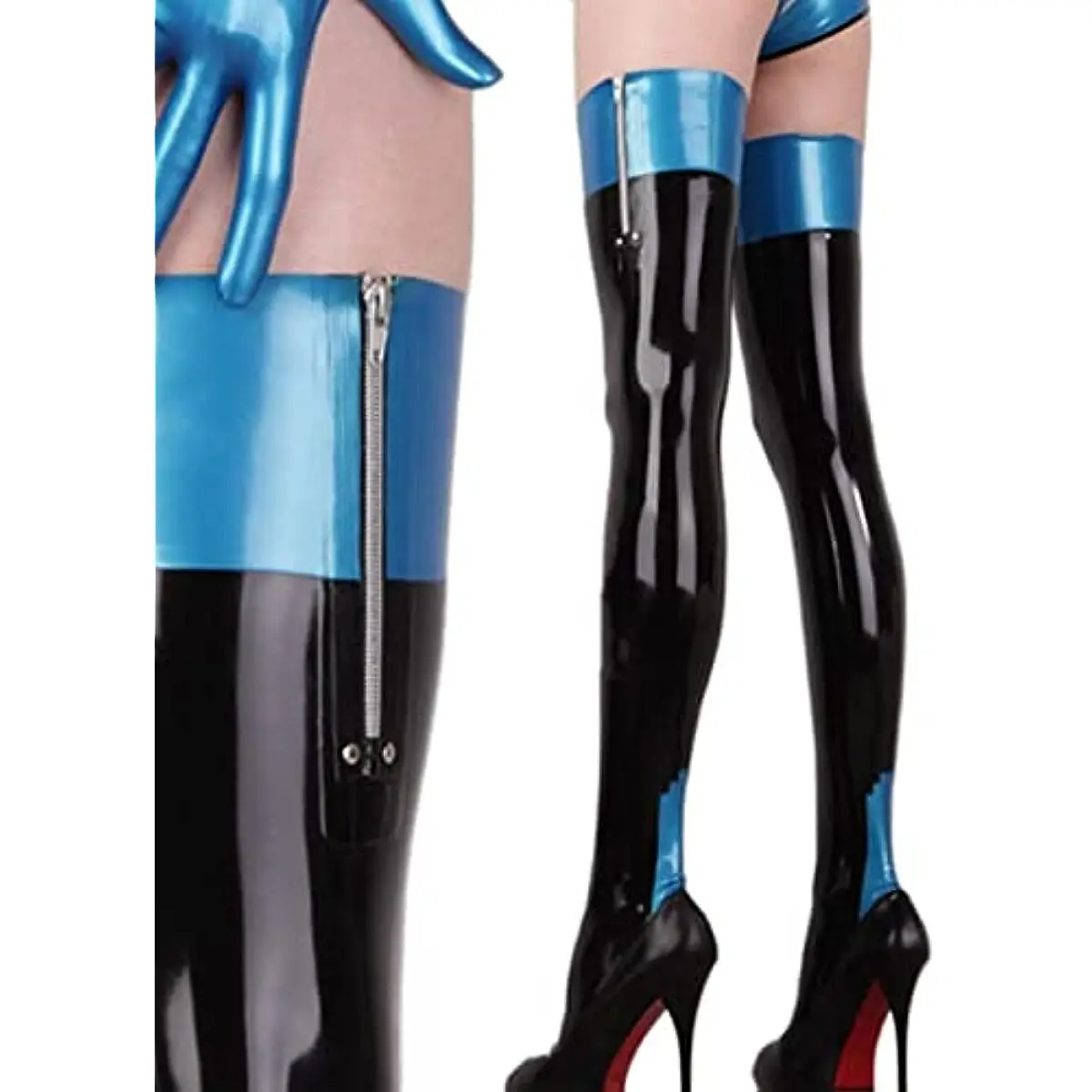 Sexy Blue and Black Latex Stocking Tight Rubber Long Socks with Zipper Handmade