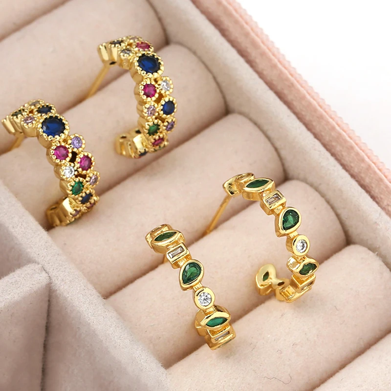 

Colorful Rhinestone Hoop Earrings for Women Green Small Circle Zirconia Earrings Copper CZ Earrings Fashion Exquisite Jewelry