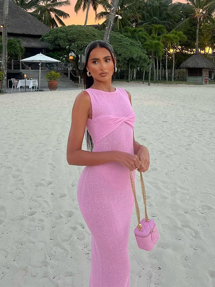 Women's Pink Knitted Sleeveless Long Dresses, See-through Beach Bodycon, Summer Knitwear Bikini Cover-Up Beachwear