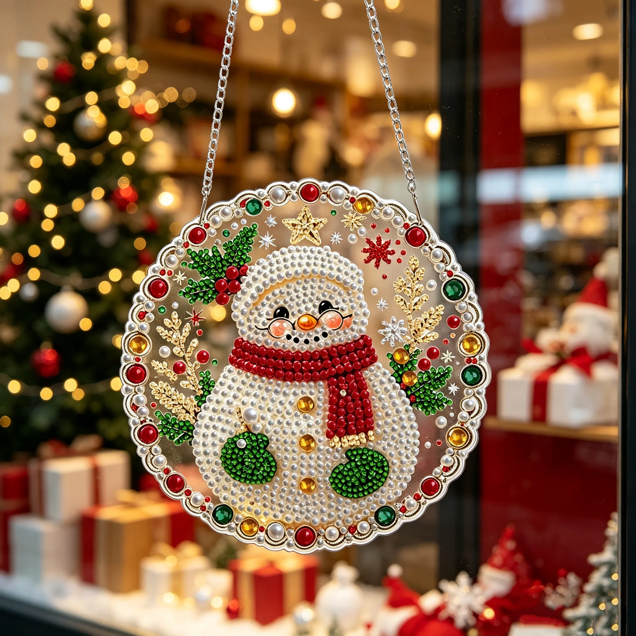 DIY Weihnachts-Perlen-Diamant-Malerei-Anhänger, runde Acrylplatte, 2D flache Perlen-Bastelarbeiten, Feiertags-Fenster- und Wanddekoration – Detail 4