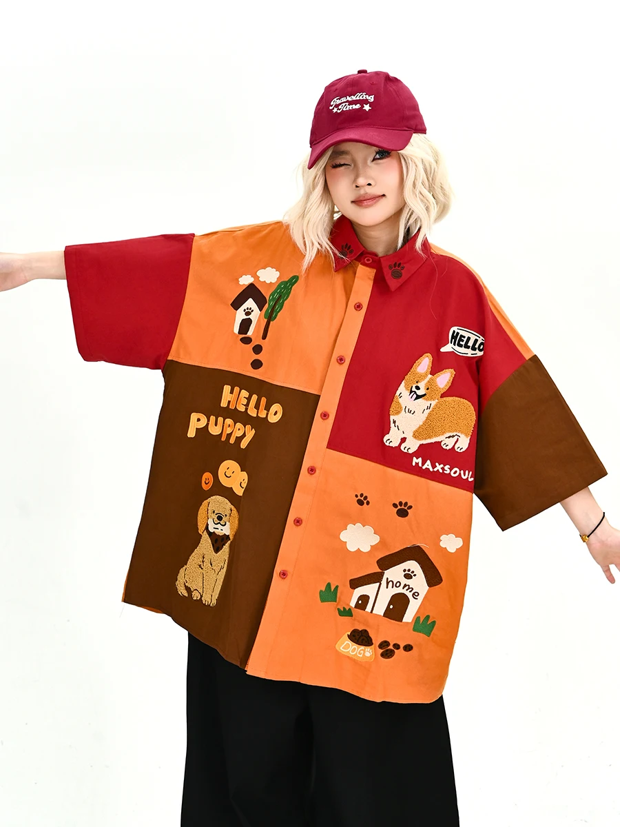 

Lazy Dog Cartoon Short Sleeve Shirt Women's Loose BF Japanese Retro Cute Style Top Street Style Printed Casual Summer New Arr...