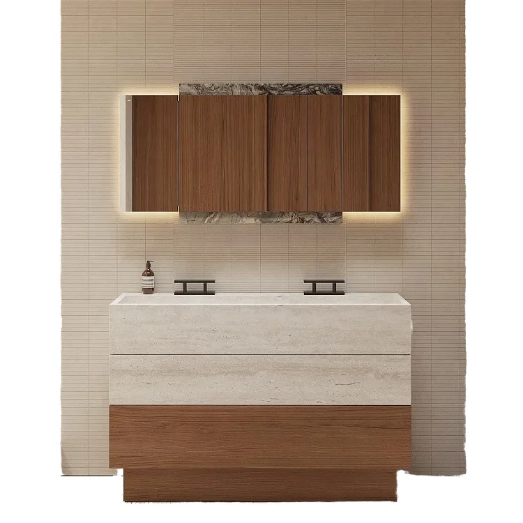 

High Quality Luxury Bathroom Vanity Customized Size Navona Travertine Vanity and Wall Cladding Travertine Modern Sink