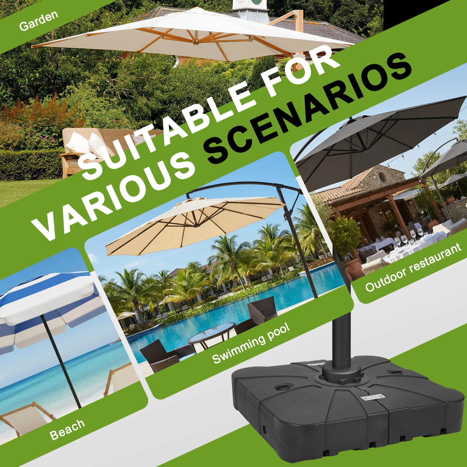 

Patio Umbrella Base with 4 Lockable Wheels Square Market Stand 286lbs High Capacity Sand Water Filled for Deck Poolside Balcony
